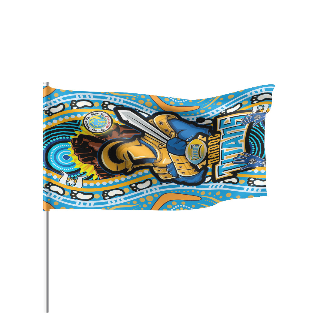 Titans Rugby Naidoc Week Flag - Gold Coast Titans Rugby Ball Get up! Stand up! Show up! Flag - Vibe Hoodie Shop