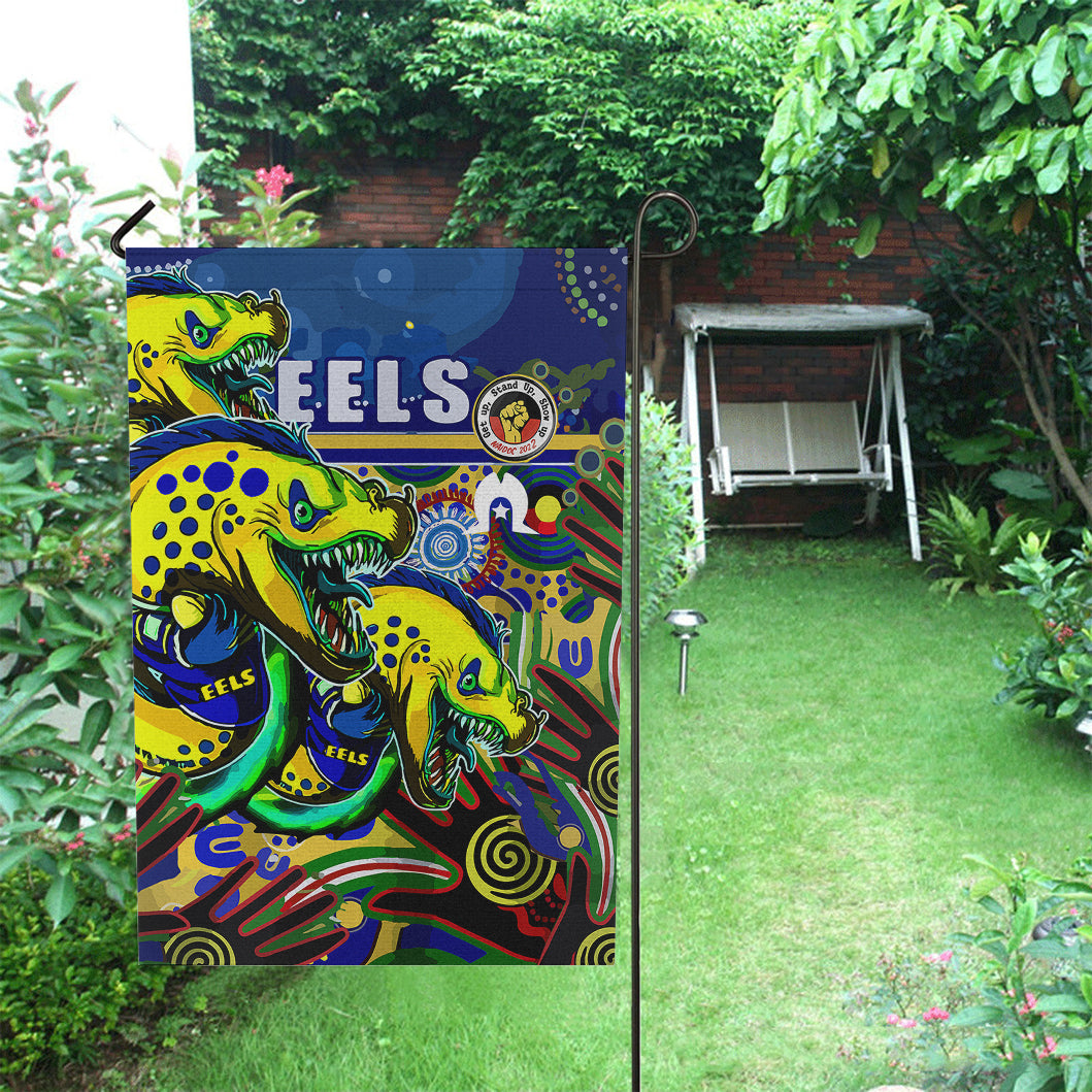 Eels Rugby Naidoc Week Flag - Custom Eels Getting Up, Standing Up, and Showing Up Flag - Vibe Hoodie Shop