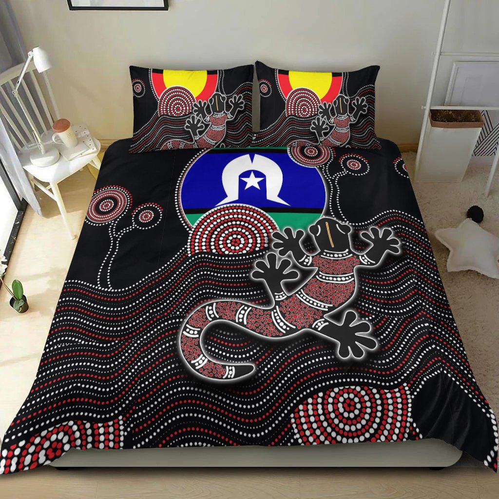 Aboriginal Bedding Set - Gecko with Torres Strait Islanders Flag - Vibe Hoodie Shop