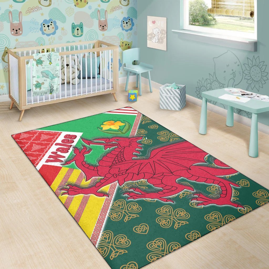 Celtic Wales Area Rug - Cymru Dragon and Daffodils - Vibe Hoodie Shop