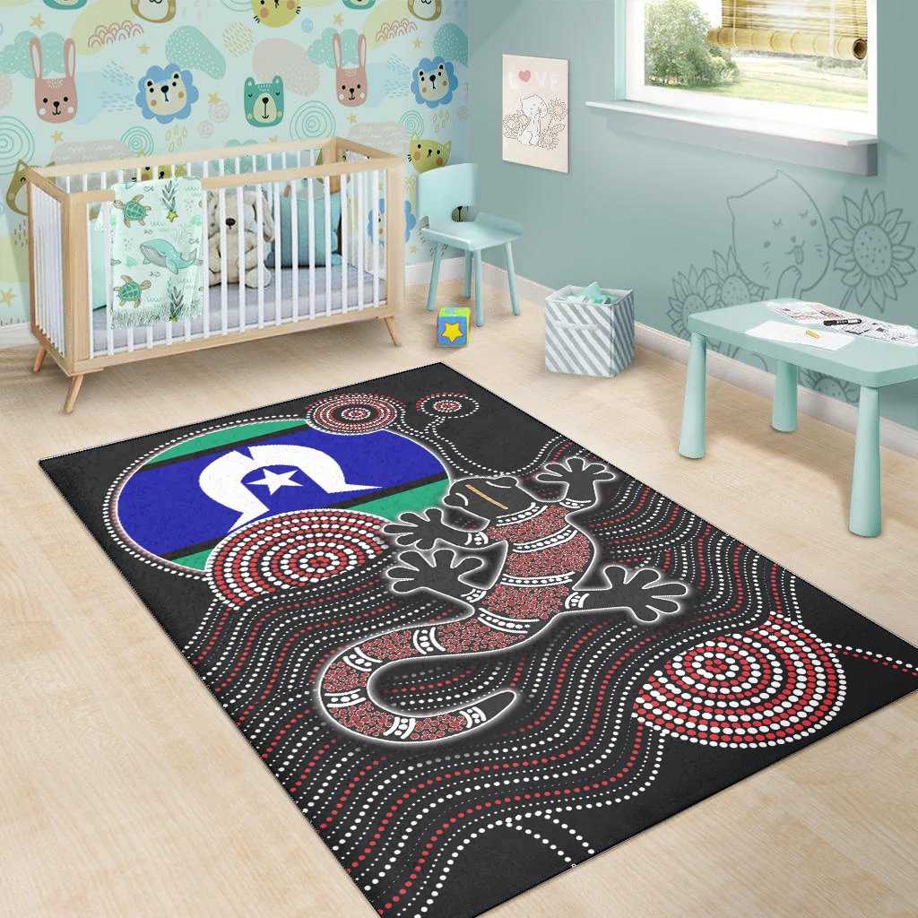 Aboriginal Area Rug - Aboriginal Gecko with Torres Strait Islanders Flag - Vibe Hoodie Shop