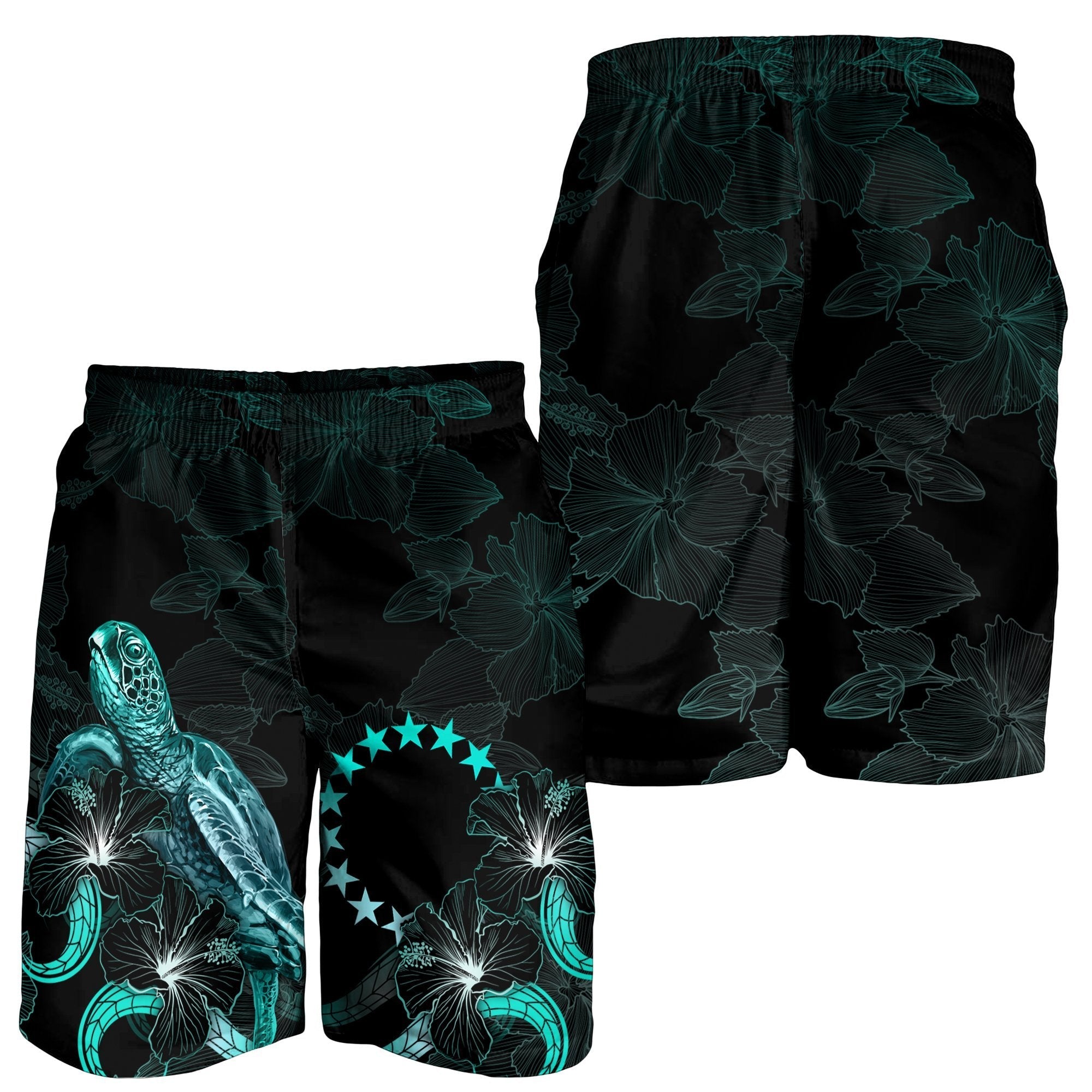 Cook Islands Polynesian Men's Shorts - Turtle With Blooming Hibiscus Turquoise - Vibe Hoodie Shop