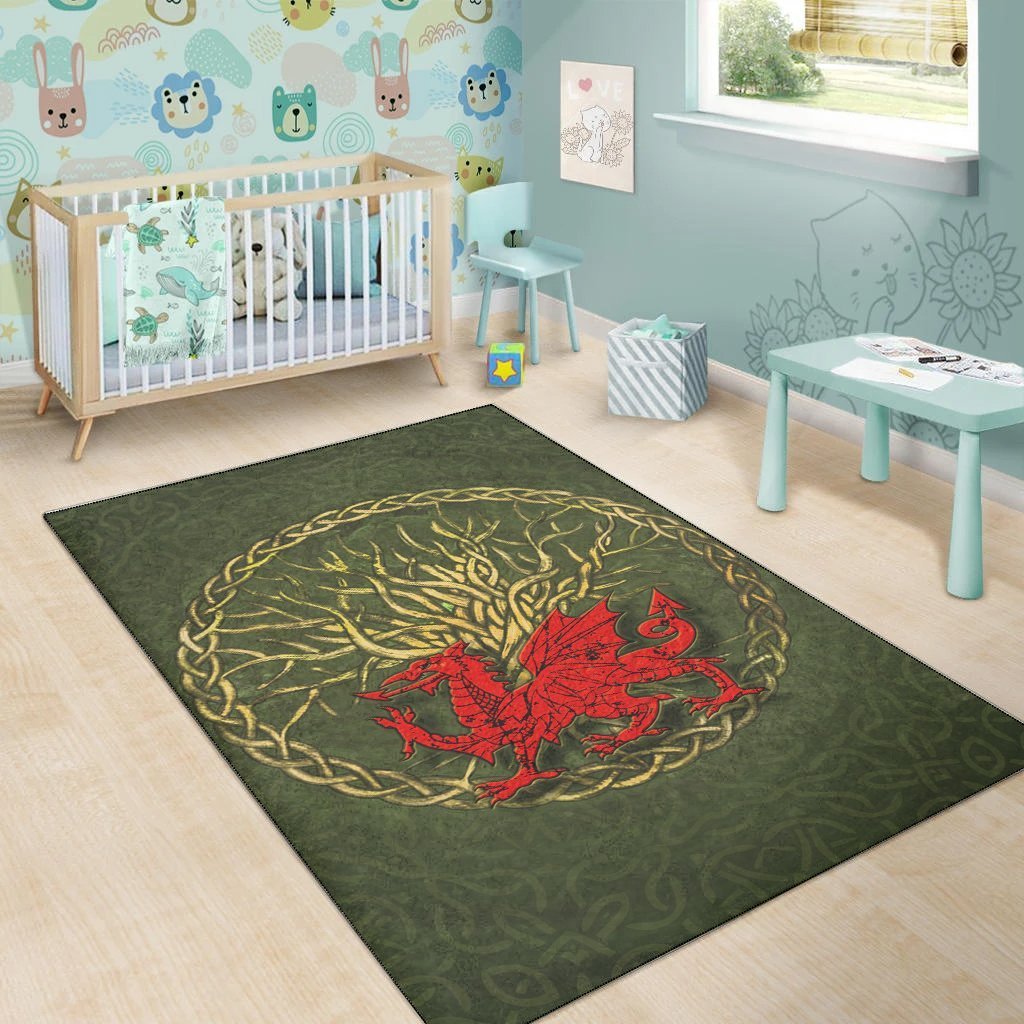 Wales Celtic Area Rug - Welsh Dragon With Celtic Tree - Vibe Hoodie Shop