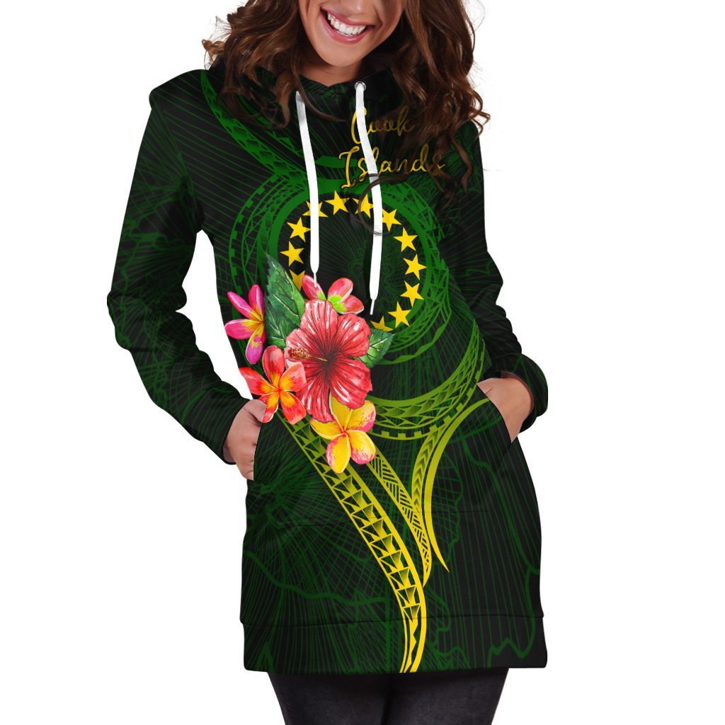 Cook Islands Polynesian Hoodie Dress - Floral With Seal Flag Color - Vibe Hoodie Shop