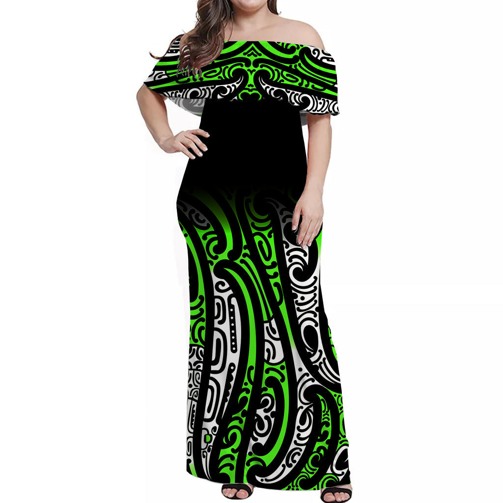 New Zealand Off Shoulder Long Dress Maori NZ Unique Green - Vibe Hoodie Shop