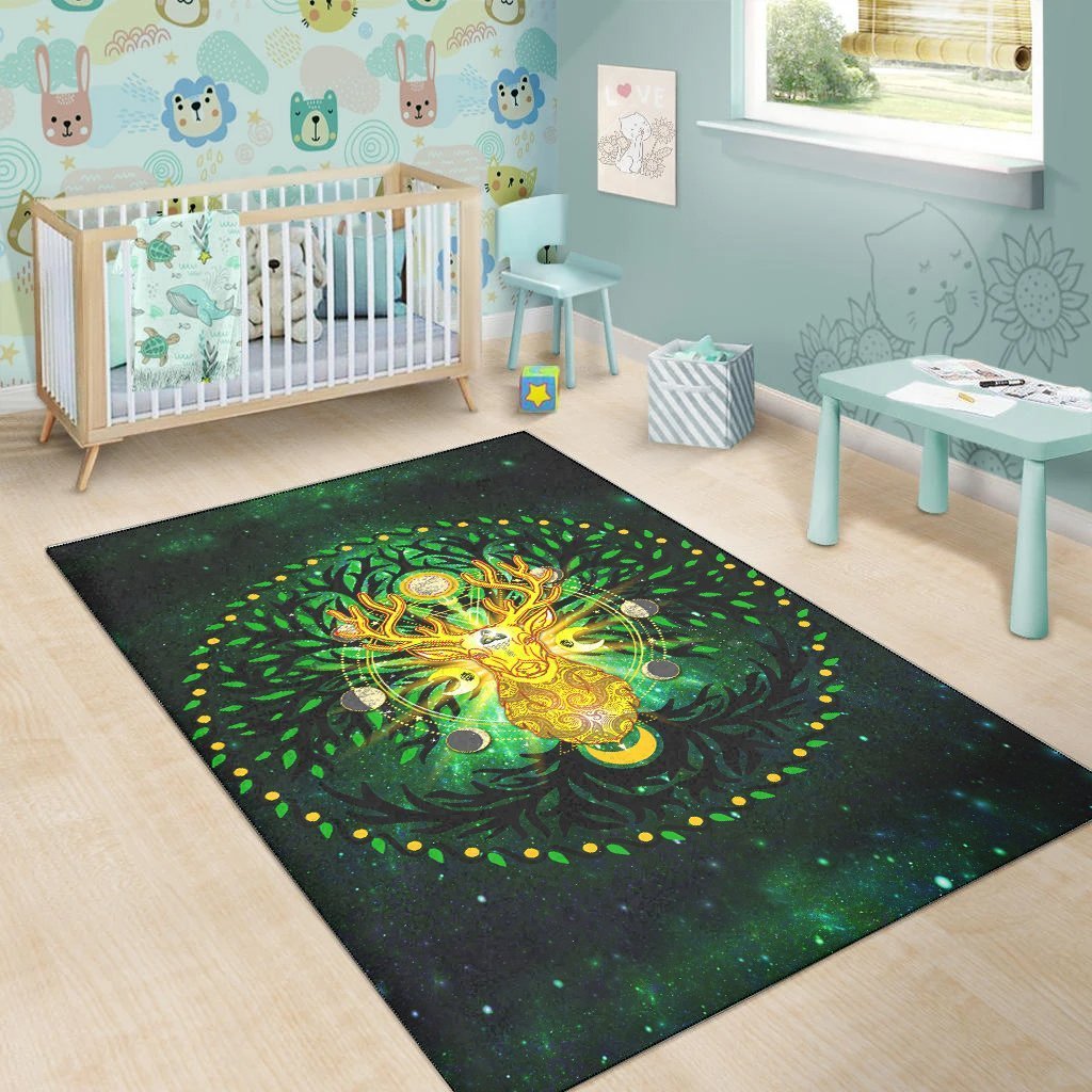 Celtic Pagan Deer Area Rug - Moon Phases Deer with Tree of Life - Vibe Hoodie Shop