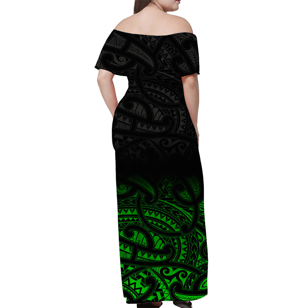 (Custom Personalised) New Zealand Off Shoulder Long Dress Maori Pattern Green - Vibe Hoodie Shop