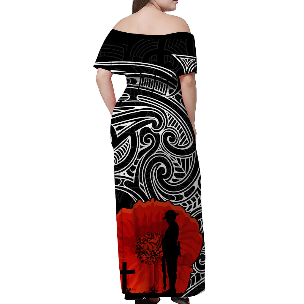 New Zealand ANZAC 2022 Off Shoulder Long Dress Maori Mix Fern Poppy - Vibe Hoodie Shop