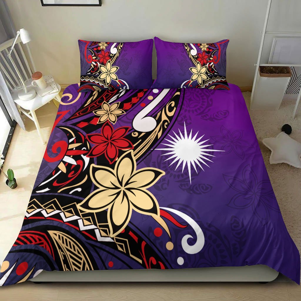 Marshall Islands Bedding Set - Tribal Flower With Special Turtles Purple Color - Vibe Hoodie Shop