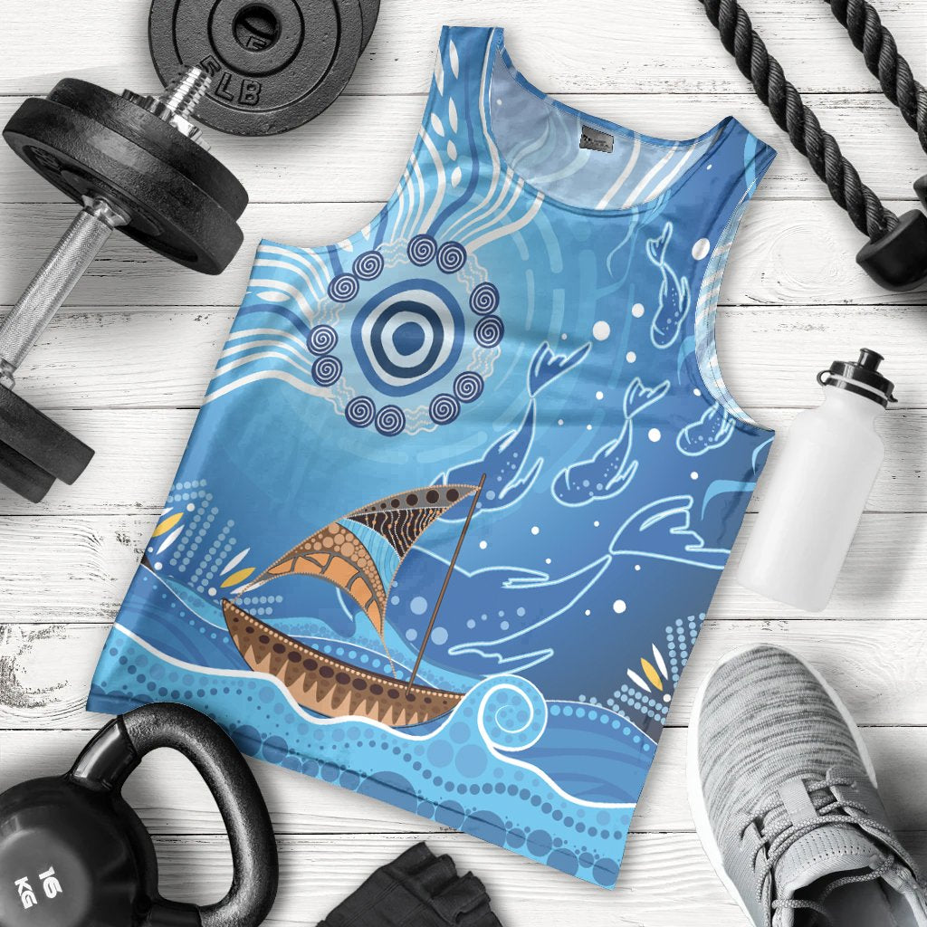 Men Tank Top - Aboriginal View Sea With Fish And Boat - Vibe Hoodie Shop