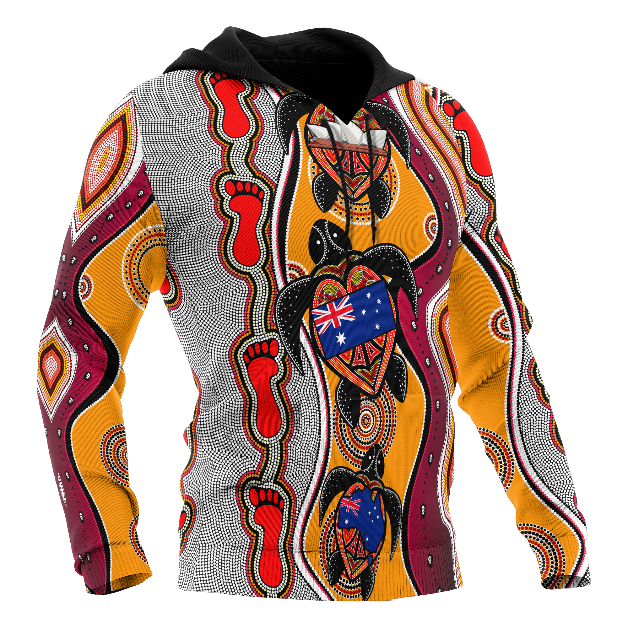 Aboriginal Hoodie, Turtle Patterns Aus Flag Footprint Dot Painting - Vibe Hoodie Shop