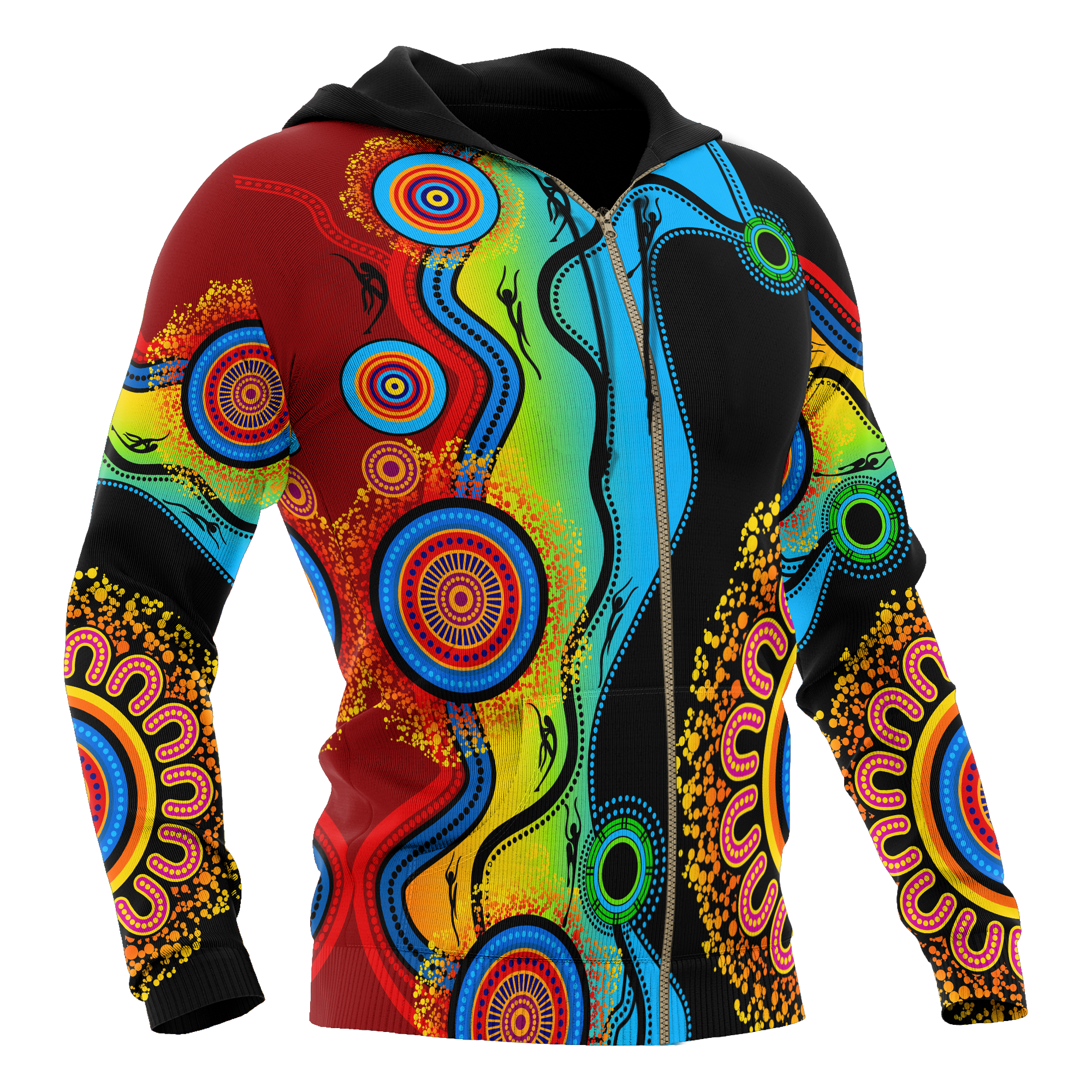 Aboriginal Zip Up Hoodie, Circle Dot Painting Flowers Patterns Blue Dream - Vibe Hoodie Shop