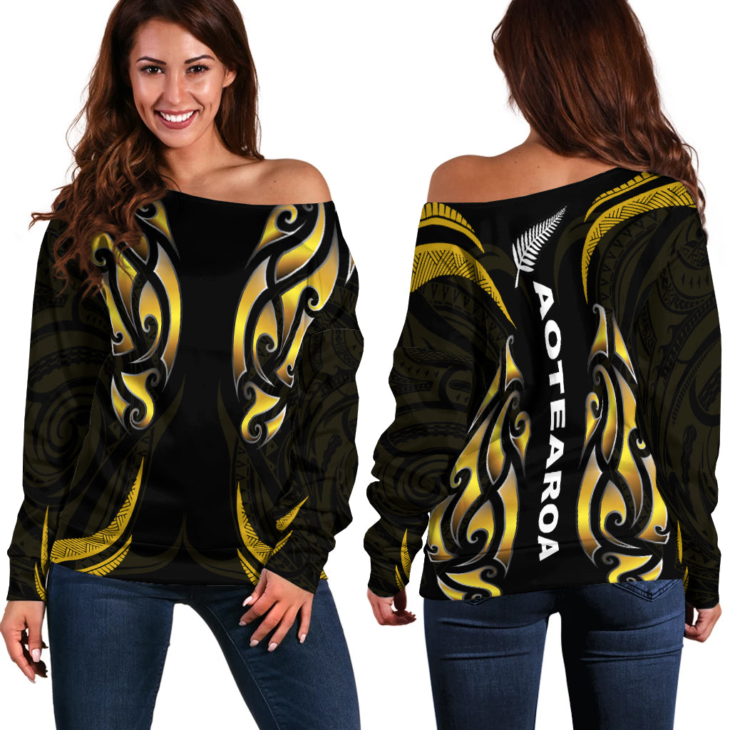 New Zealand Maori Off Shoulder Sweater Simple Love Gold - Vibe Hoodie Shop