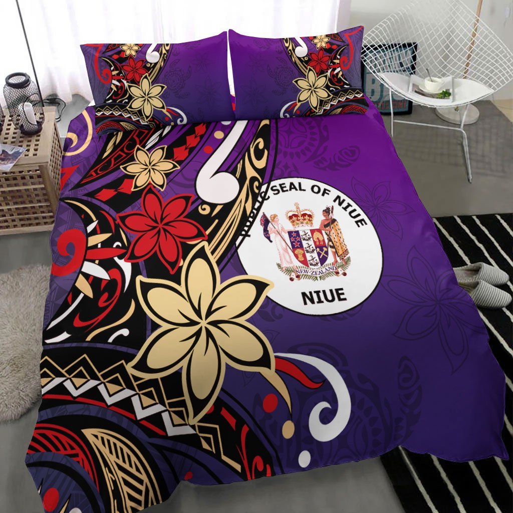 Niue Bedding Set - Tribal Flower With Special Turtles Purple Color - Vibe Hoodie Shop