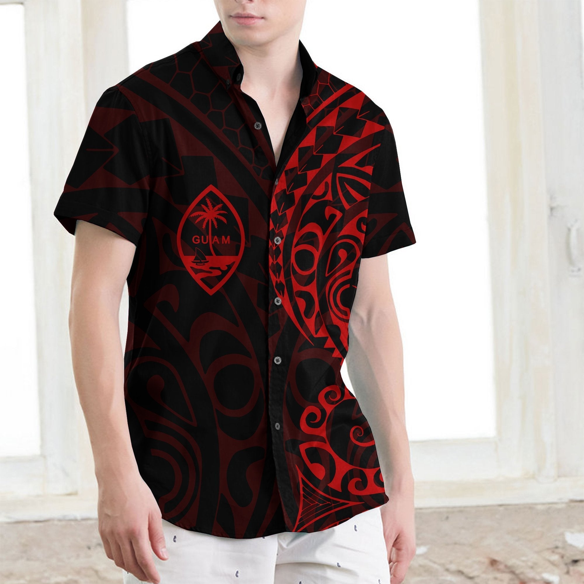 Guam Poly Short Sleeve Shirt Red - Vibe Hoodie Shop