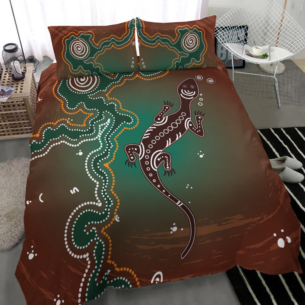 Aboriginal Lizard Bedding Set - Indigenous Dot Painting Art - - Vibe Hoodie Shop