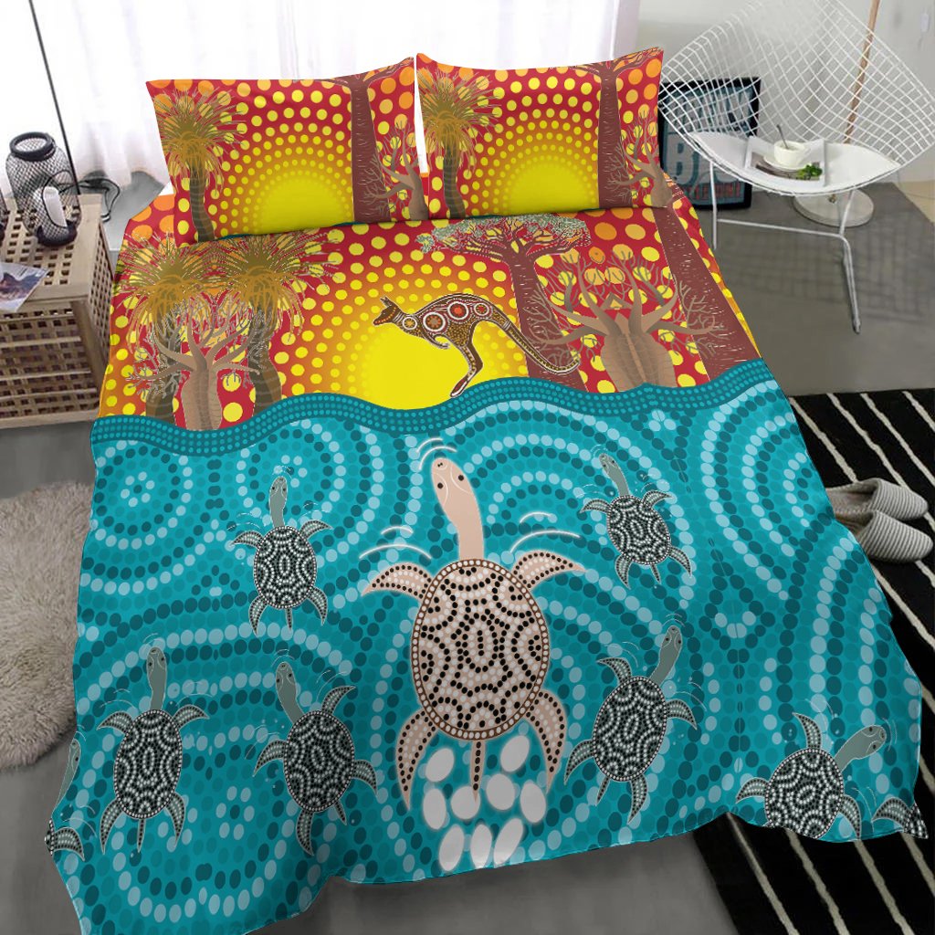 Aboriginal Bedding Set - Turtle and Kangaroo - Aboriginal Life - Vibe Hoodie Shop