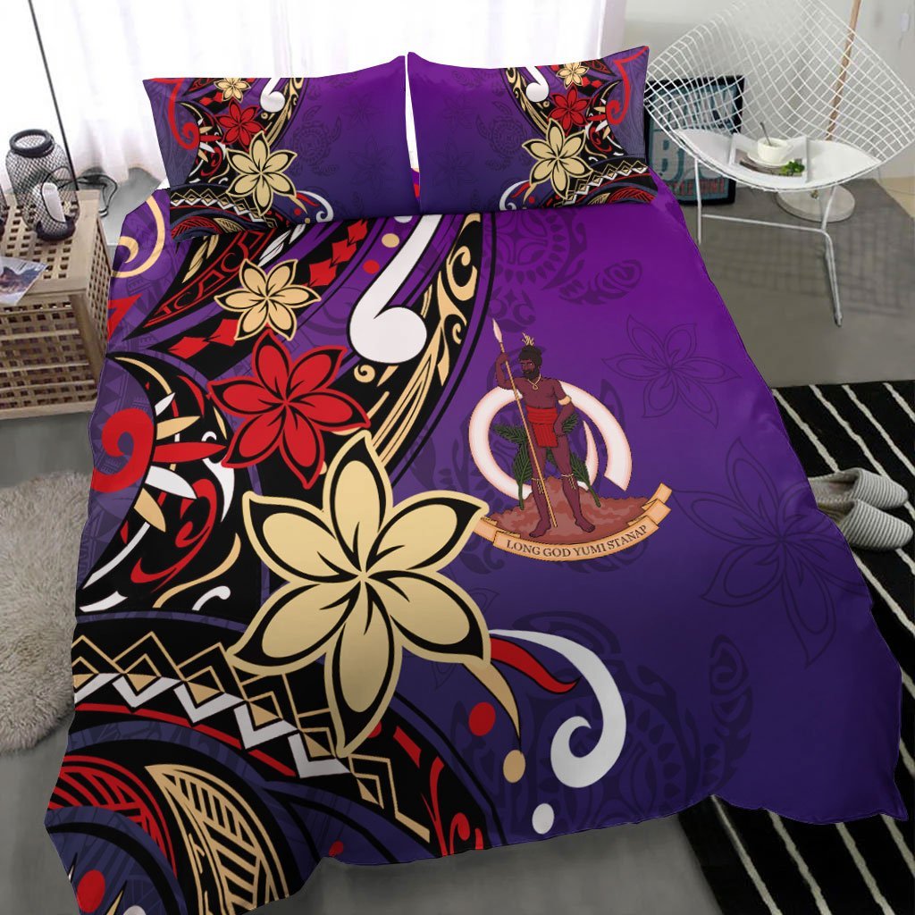 Vanuatu Bedding Set - Tribal Flower With Special Turtles Purple Color - Vibe Hoodie Shop