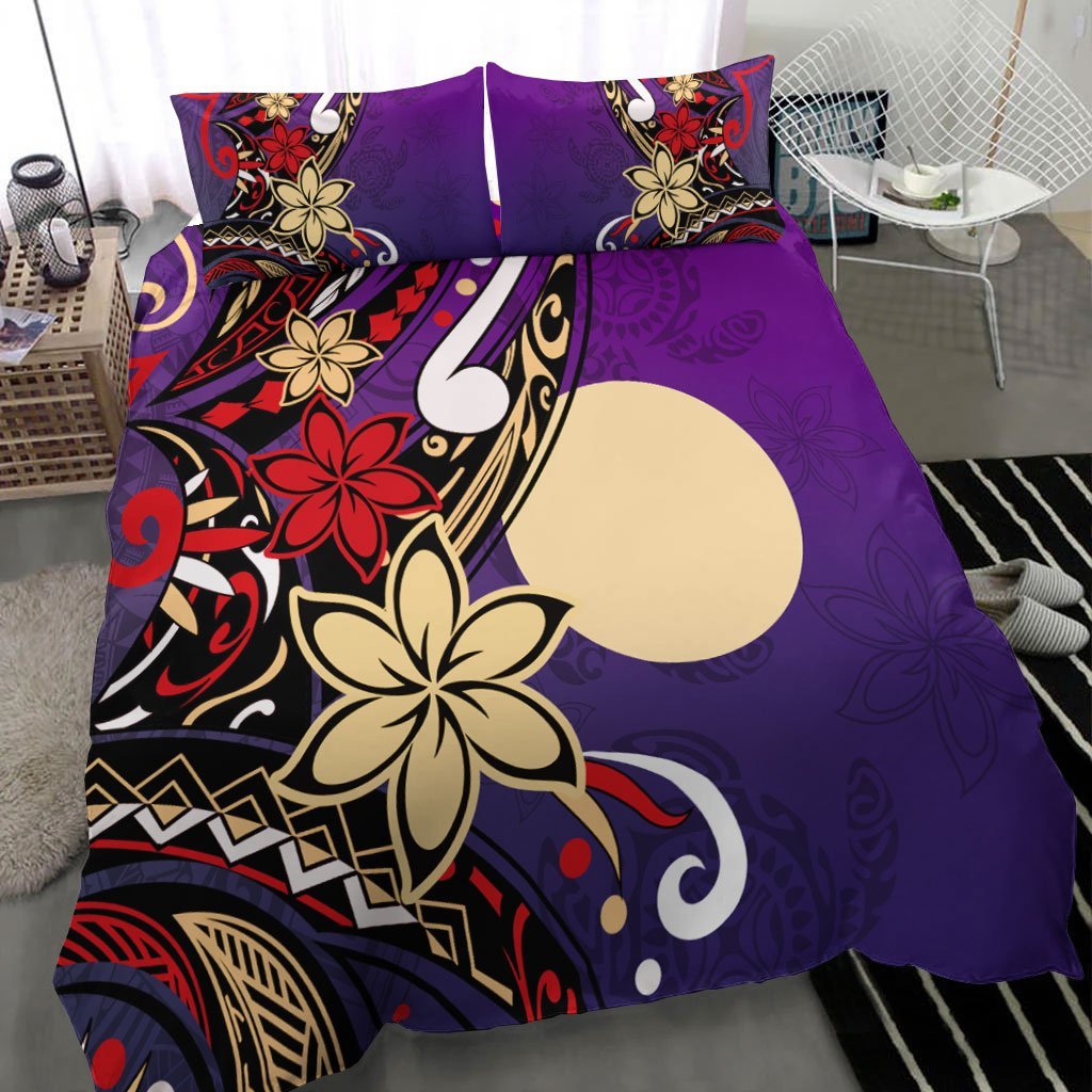 Palau Polynesian Bedding Set - Tribal Flower With Special Turtles Purple Color - Vibe Hoodie Shop