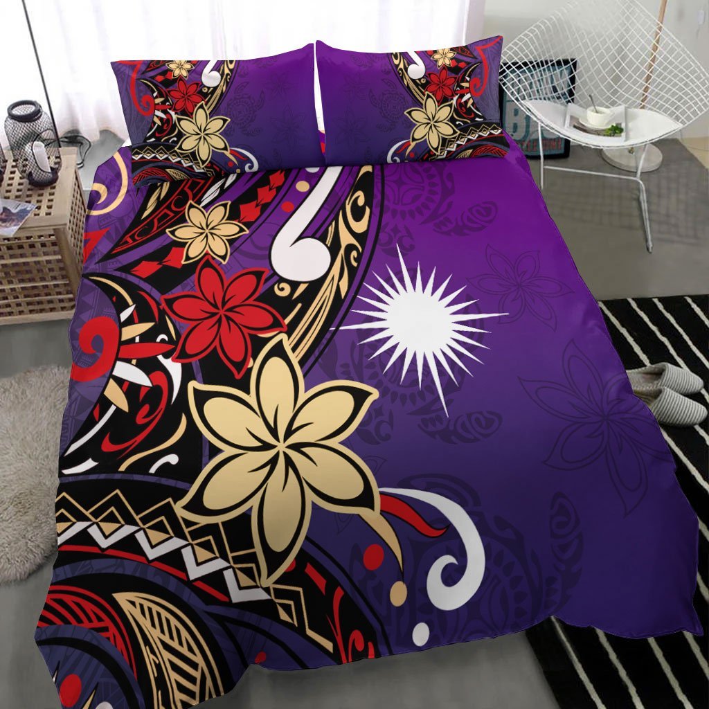Marshall Islands Bedding Set - Tribal Flower With Special Turtles Purple Color - Vibe Hoodie Shop