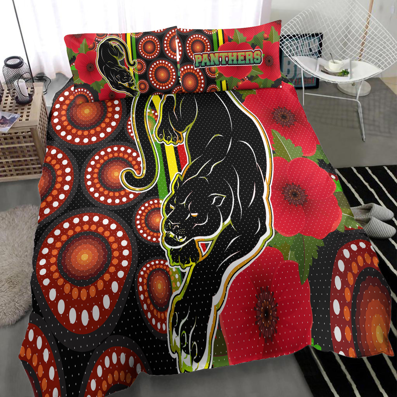 Panthers Rugby Bedding Set - Aboriginal Panthers ANZAC Day Panther With Poppy Flower Bedding Set RLT12 - Vibe Hoodie Shop