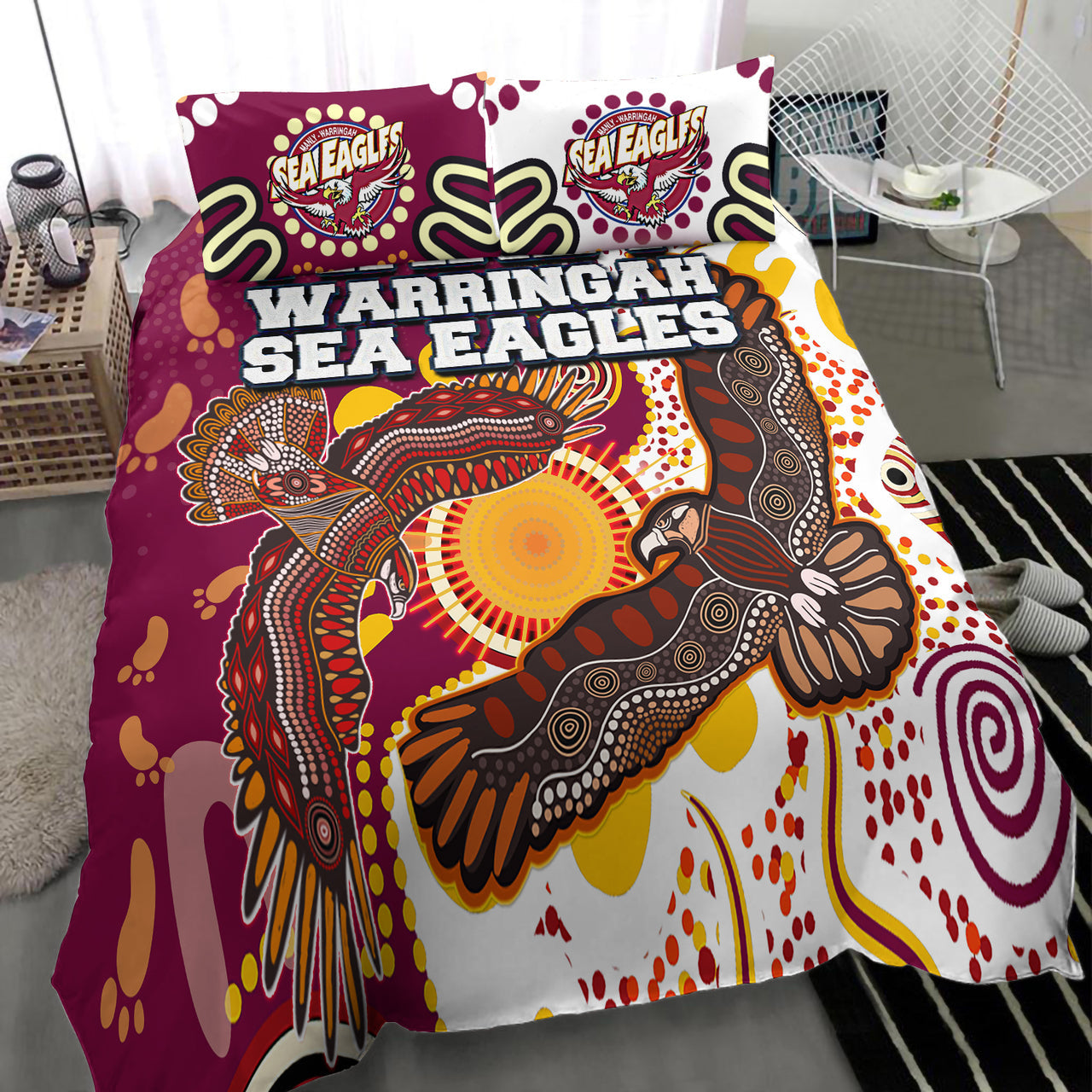 Sea Eagles Aboriginal Rugby Bedding Set - Double Sea Eagles With Tribal Sun And Footprints RLT13 - Vibe Hoodie Shop