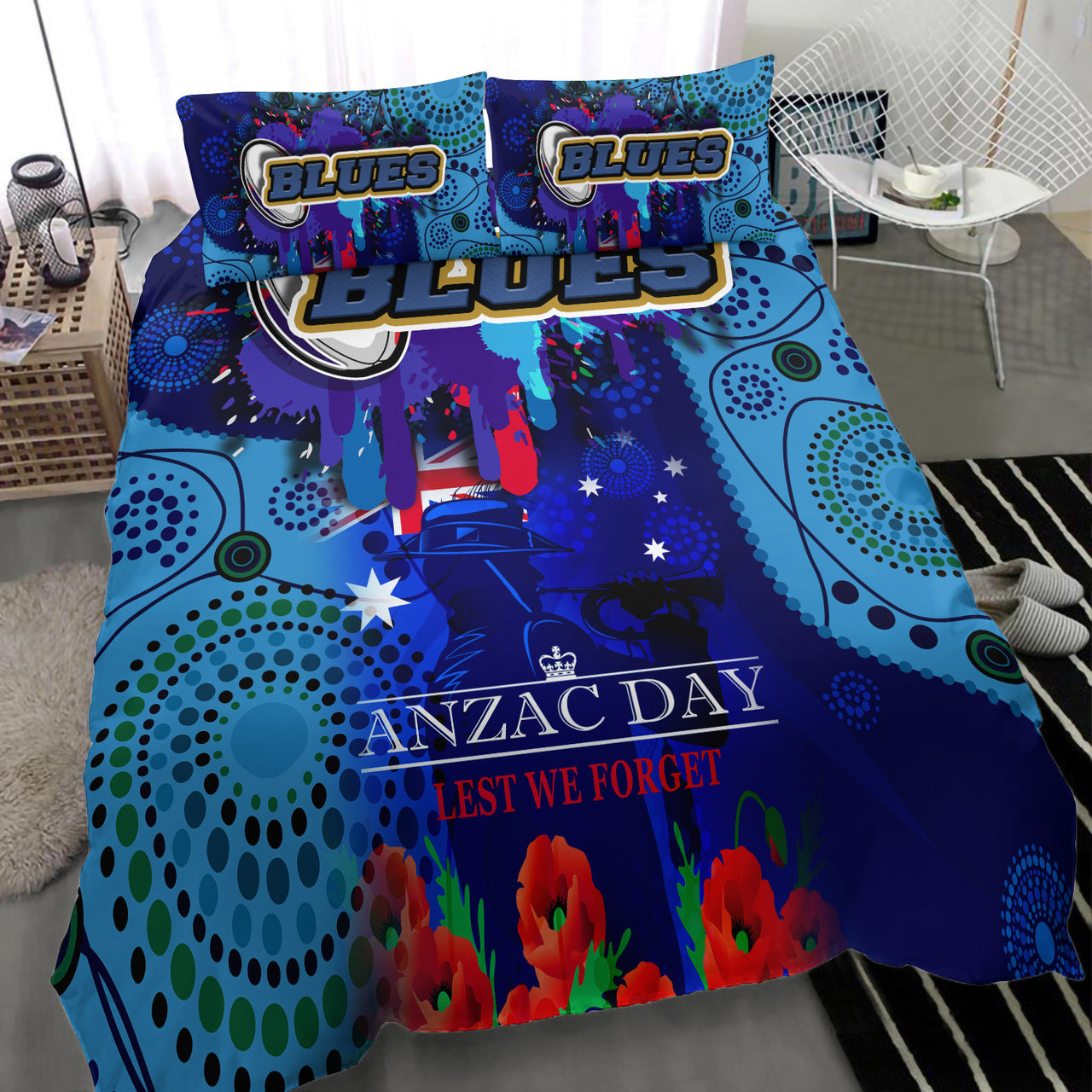 Blues Rugby Bedding Set - Aboriginal ANZAC Day '' Lest We Forget '' Color Drawing Patterns Bedding Set RLT12 - Vibe Hoodie Shop