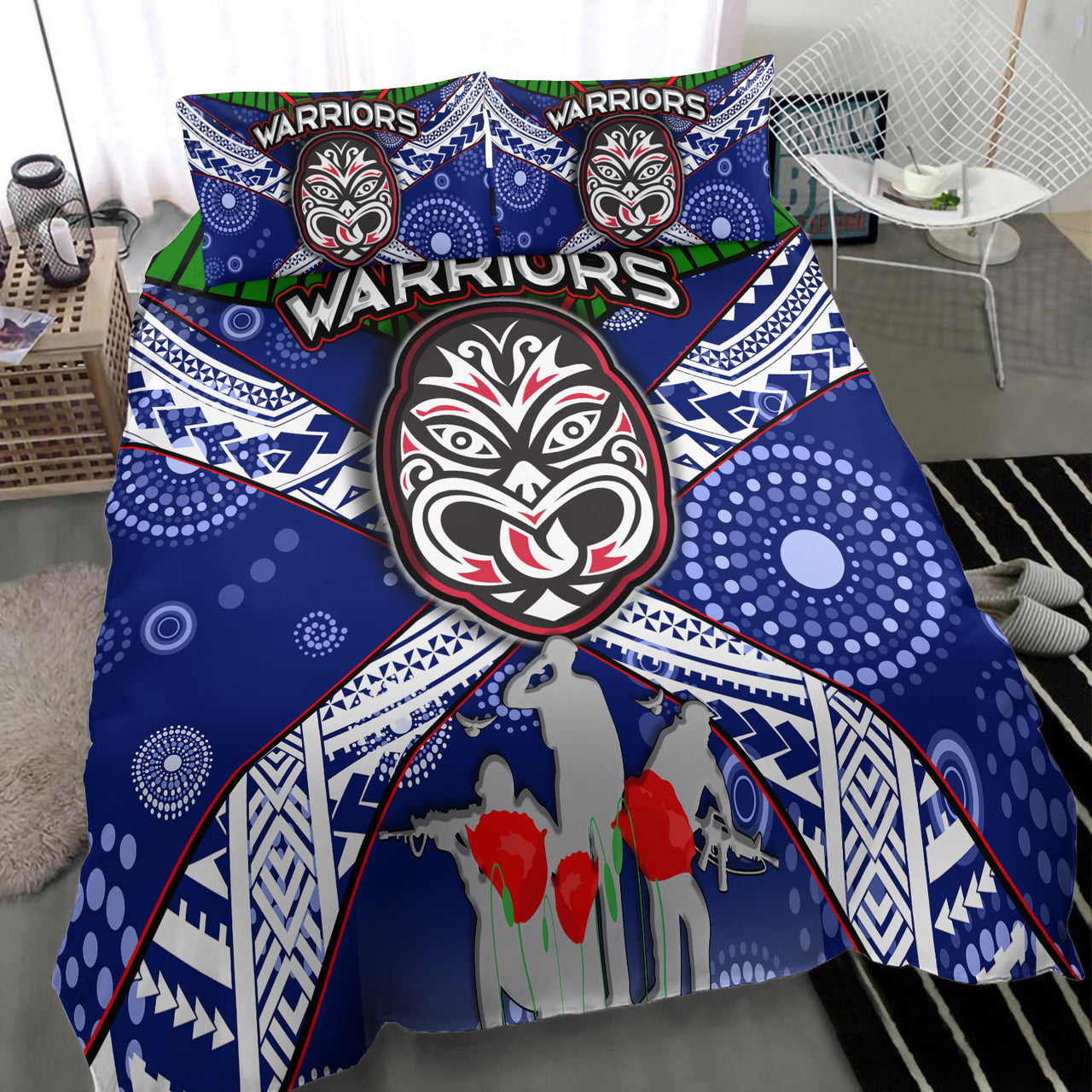 Warriors Rugby Bedding Set - Aboriginal Dot Art ANZAC Day Warriors With Poppy Flower Patterns Bedding Set RLT12 - Vibe Hoodie Shop
