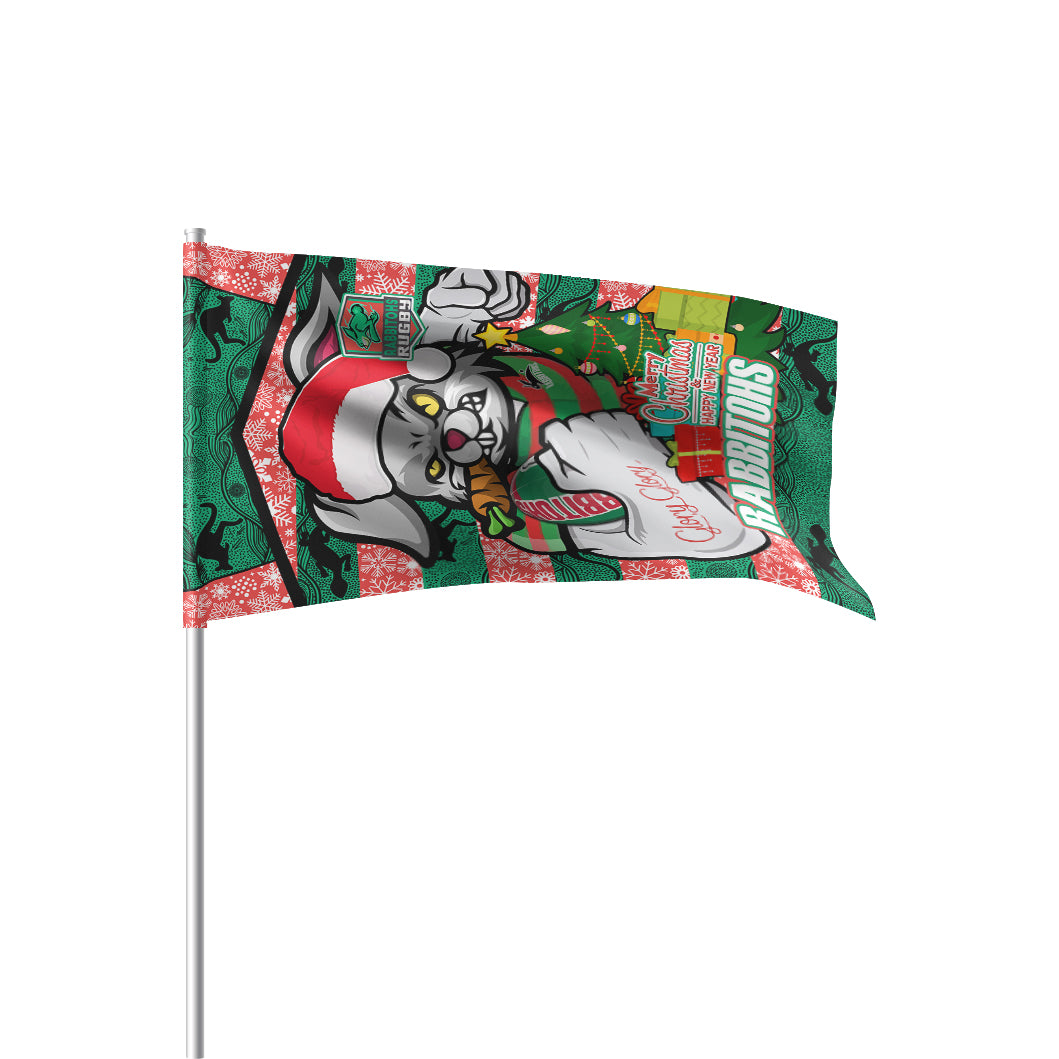 Rabbitohs Christmas Rugby Custom Flag - Merry Christmas Super Rabbitohs With Rugby Ball And Aboriginal Patterns Flag - Vibe Hoodie Shop