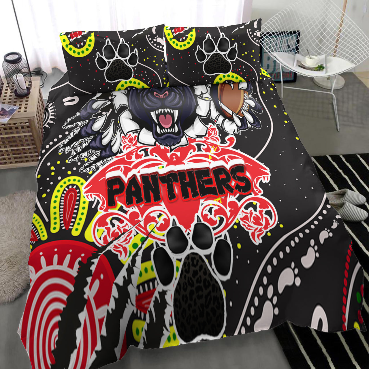 Panthers Rugby Aboriginal Bedding Set - Indigenous Super Black Panthers Scratch Style RLT13 - Vibe Hoodie Shop