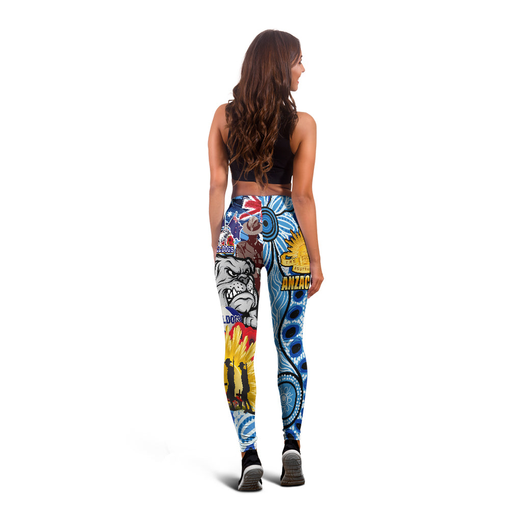 Bulldogs Rugby Australia And NZ Anzac Day Leggings - Lest We Forget Bulldogs With Rugby Ball And Aboriginal Patterns Leggings - Vibe Hoodie Shop