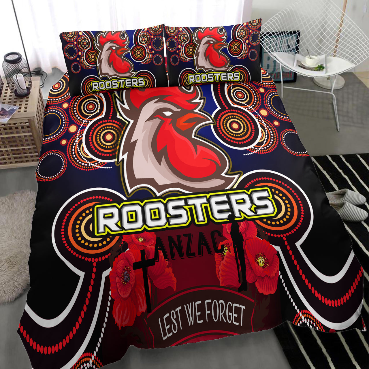 Roosters Rugby Bedding Set - Aboriginal Rooster ANZAC Day Lest We Forget With Poppy Flower Patterns Bedding Set RLT12 - Vibe Hoodie Shop