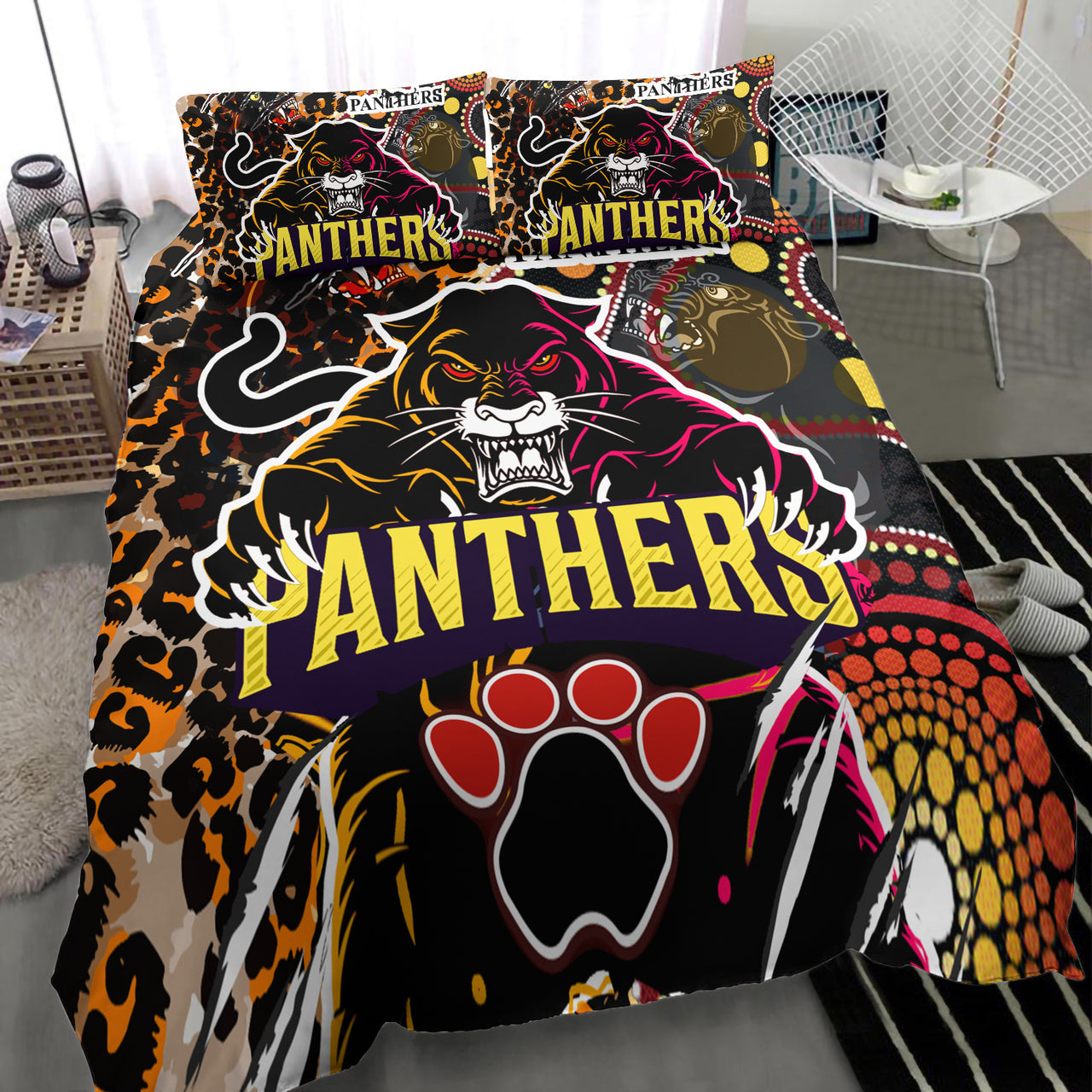 Panthers Rugby League Football Club Bedding Set - The Indigenous Wild Black Panthers Scratch Style RLT13 - Vibe Hoodie Shop