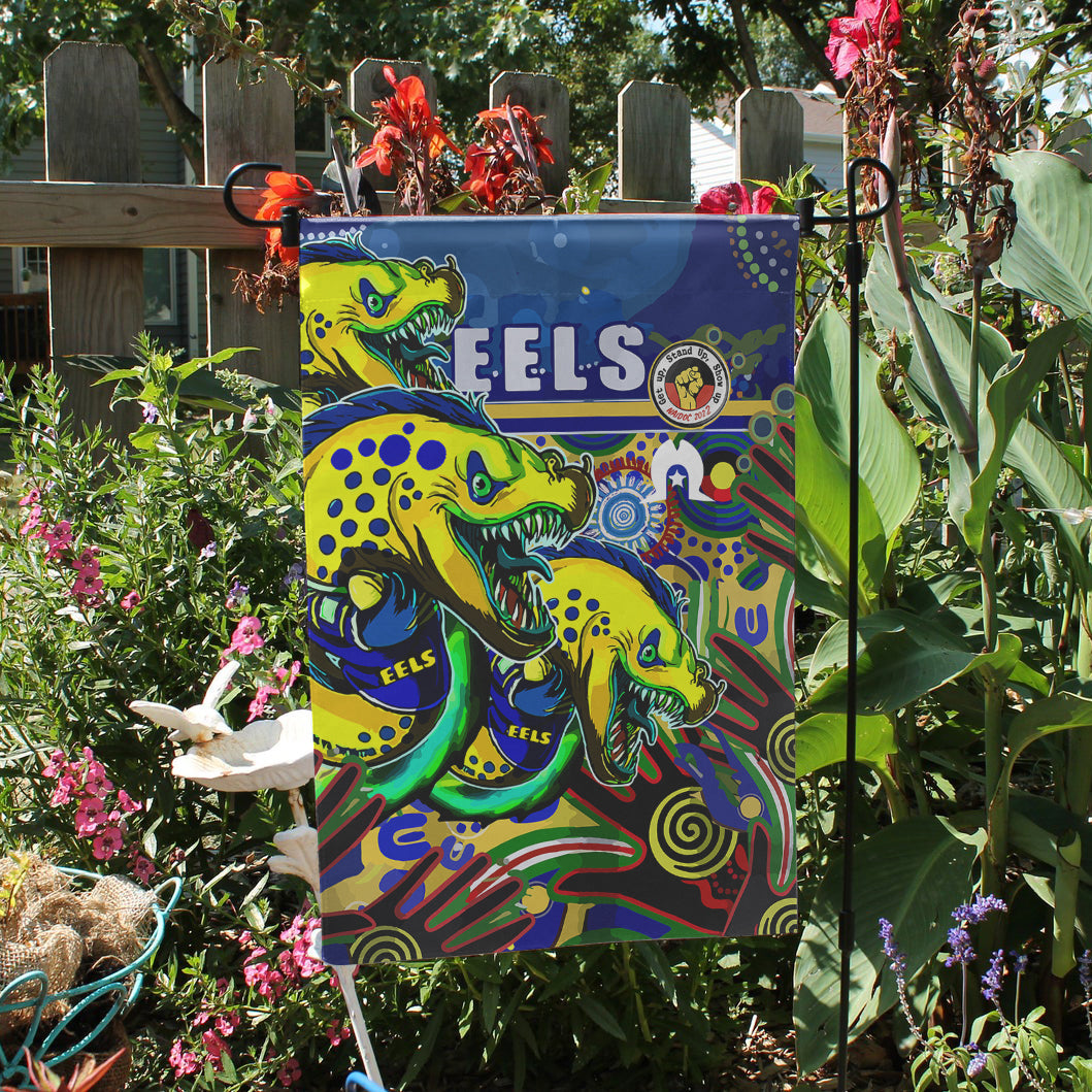 Eels Rugby Naidoc Week Flag - Custom Eels Getting Up, Standing Up, and Showing Up Flag - Vibe Hoodie Shop