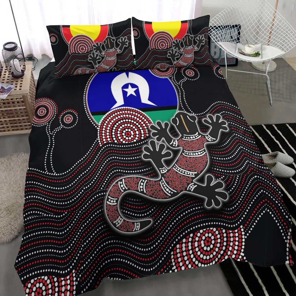 Aboriginal Bedding Set - Gecko with Torres Strait Islanders Flag - Vibe Hoodie Shop