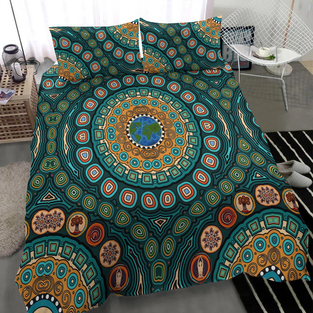 Bedding Set - Aboriginal Green Dot Painting With Earth - Vibe Hoodie Shop