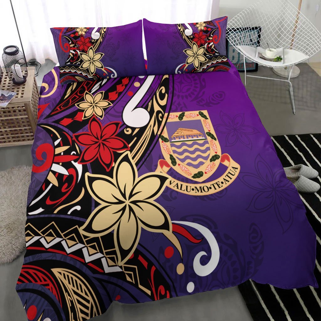Tuvalu Polynesian Bedding Set - Tribal Flower With Special Turtles Purple Color - Vibe Hoodie Shop