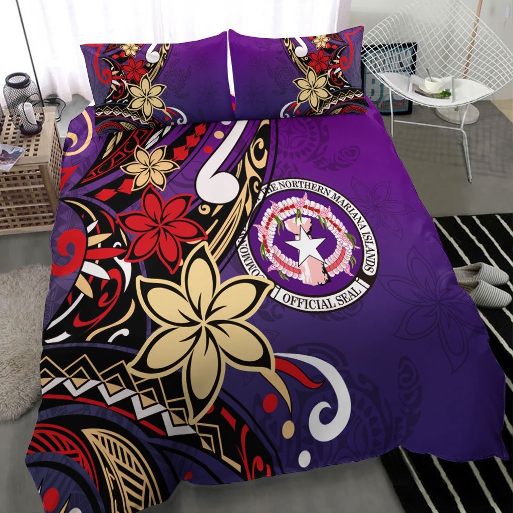 Northern Mariana Bedding Set - Tribal Flower With Special Turtles Purple Color - Vibe Hoodie Shop