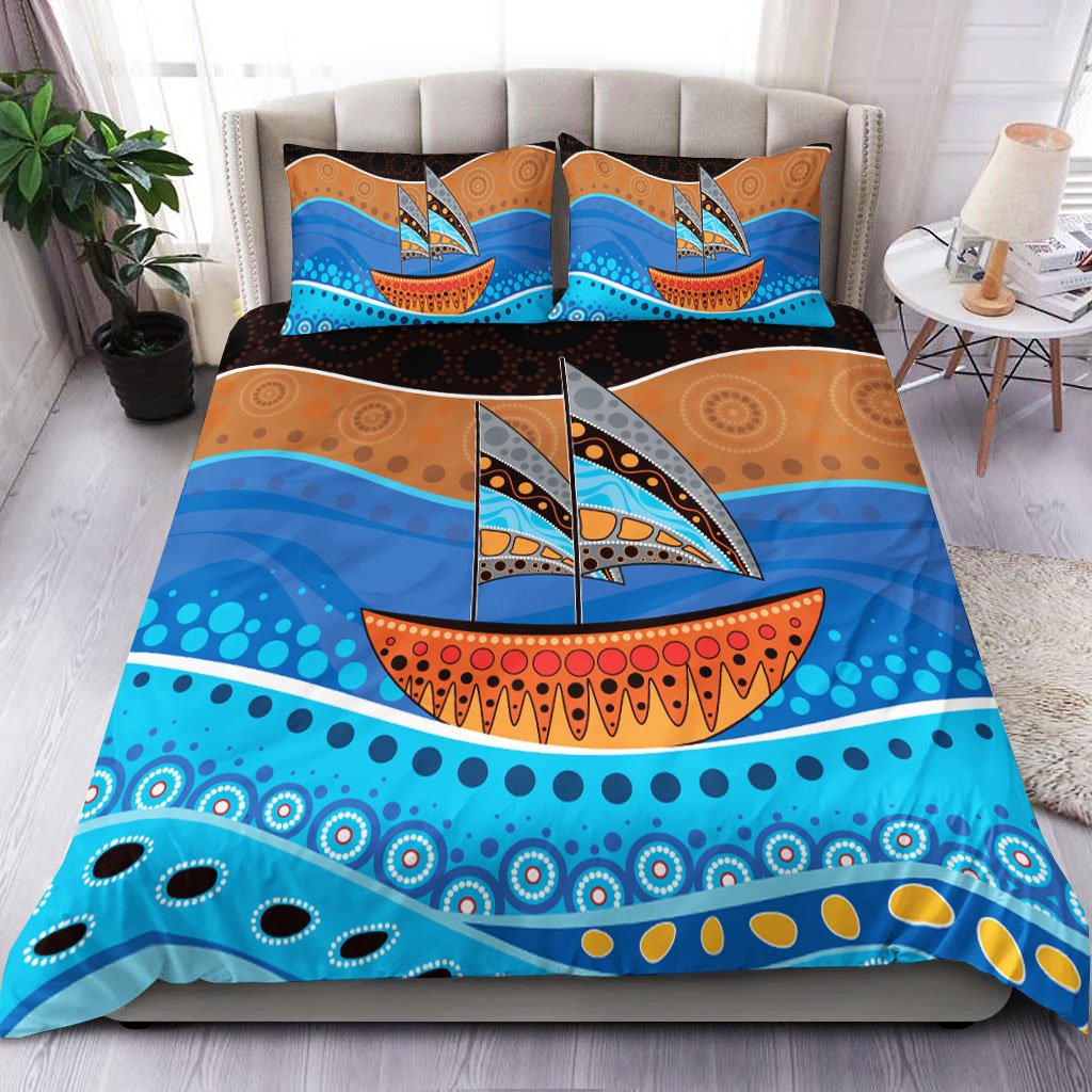 Aboriginal Bedding Set - Aboriginal Dot Painting Depicting Boat - Vibe Hoodie Shop