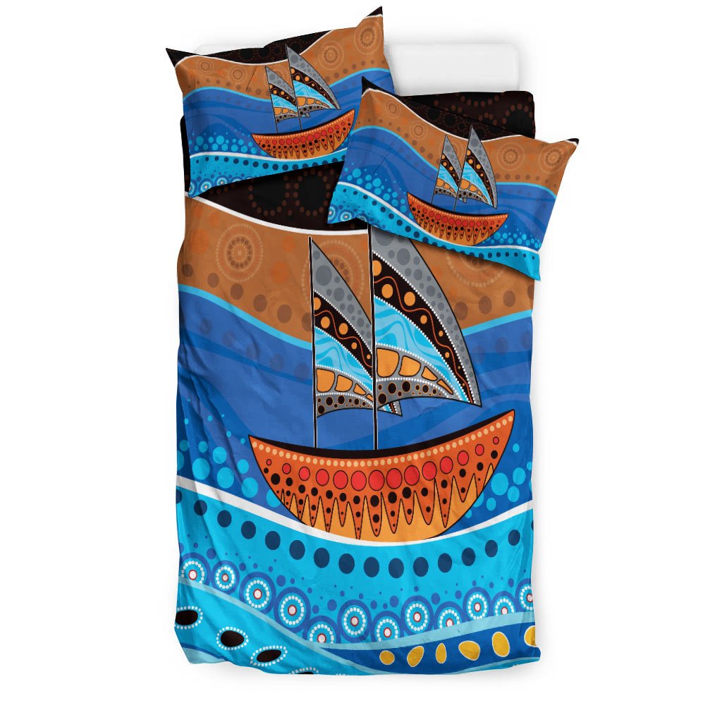 Aboriginal Bedding Set - Aboriginal Dot Painting Depicting Boat - Vibe Hoodie Shop