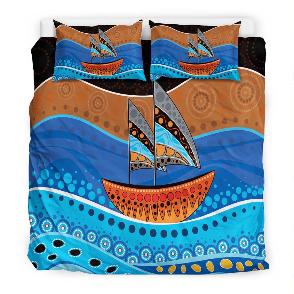 Aboriginal Bedding Set - Aboriginal Dot Painting Depicting Boat - Vibe Hoodie Shop