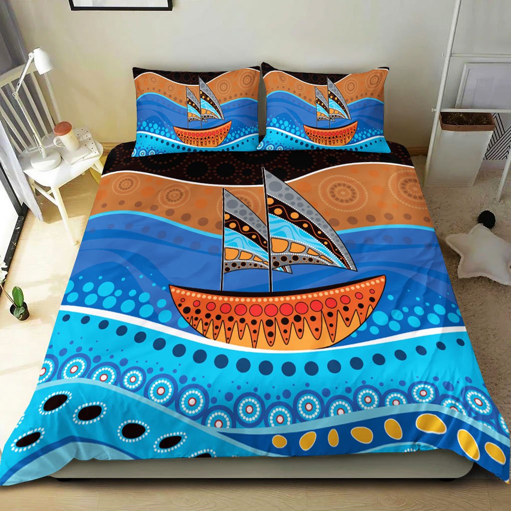 Aboriginal Bedding Set - Aboriginal Dot Painting Depicting Boat - Vibe Hoodie Shop