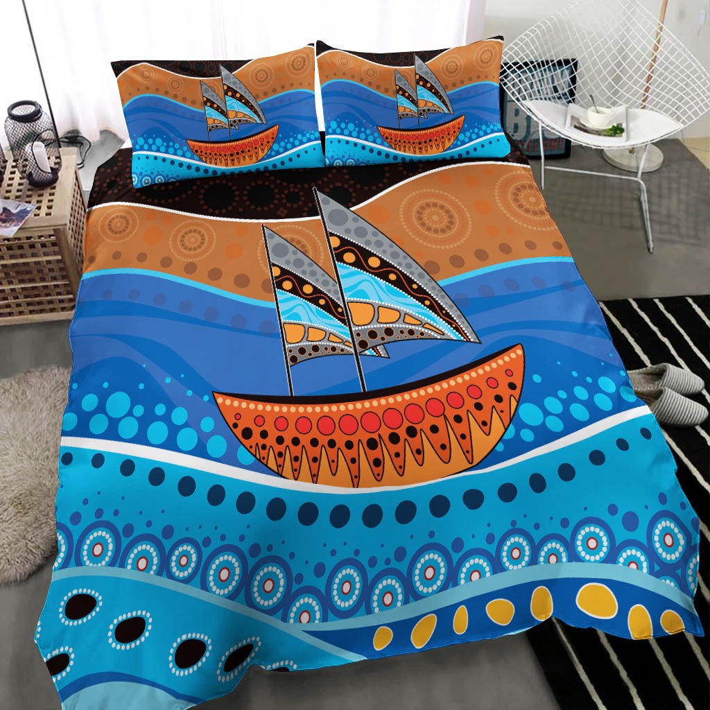 Aboriginal Bedding Set - Aboriginal Dot Painting Depicting Boat - Vibe Hoodie Shop