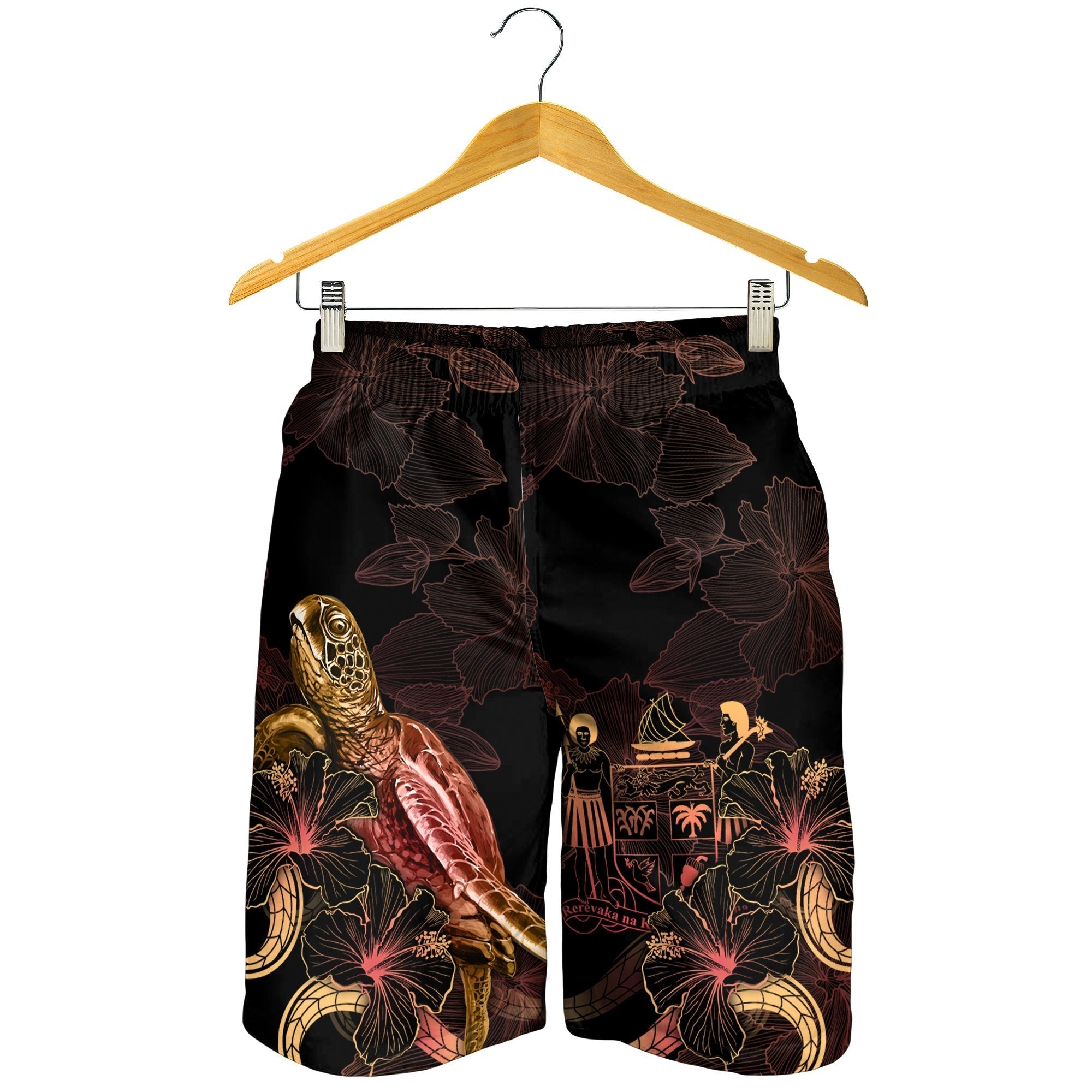 FiJi Polynesian Men's Shorts - Turtle With Blooming Hibiscus Gold - Vibe Hoodie Shop