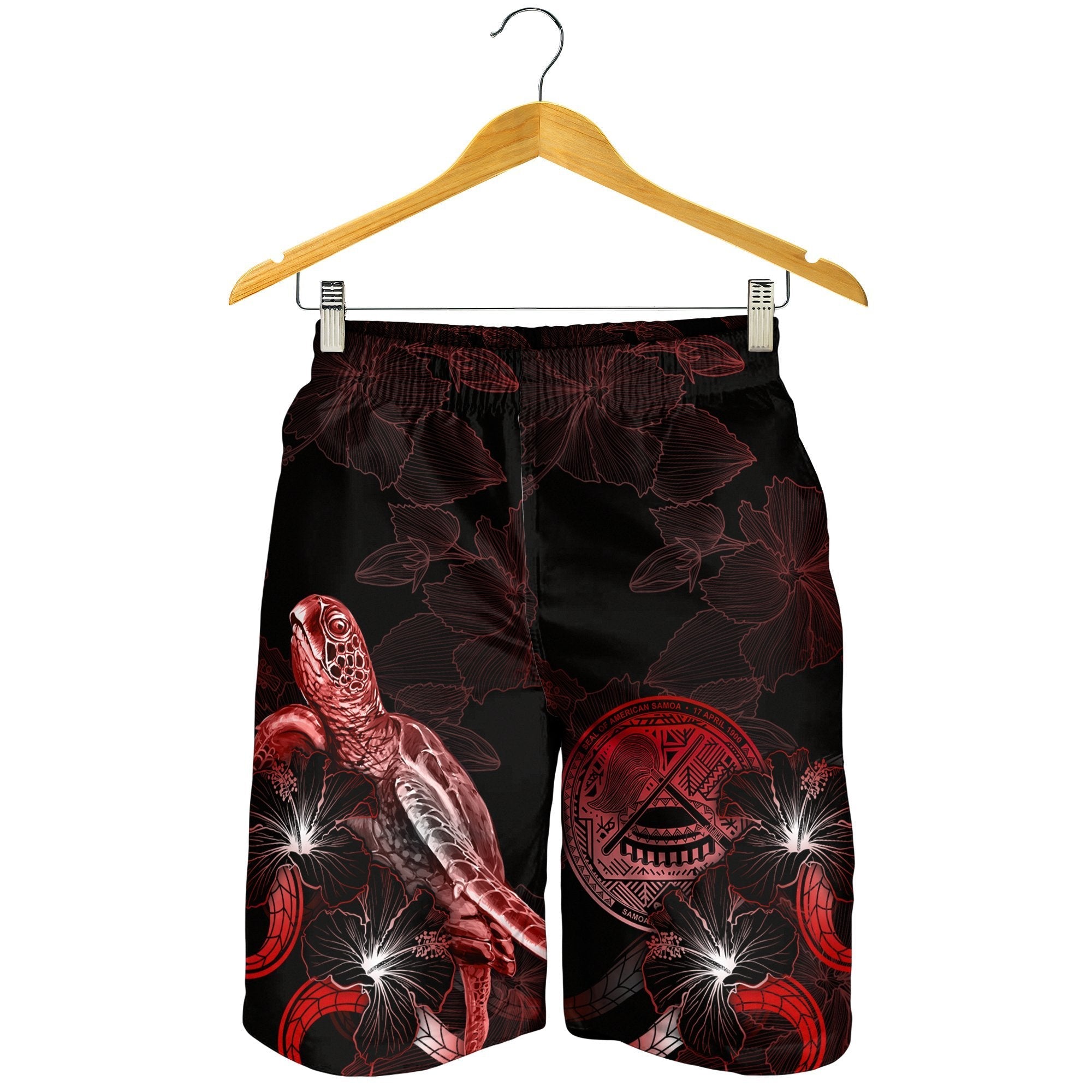 American Samoa Polynesian Men's Shorts - Turtle With Blooming Hibiscus Red - Vibe Hoodie Shop