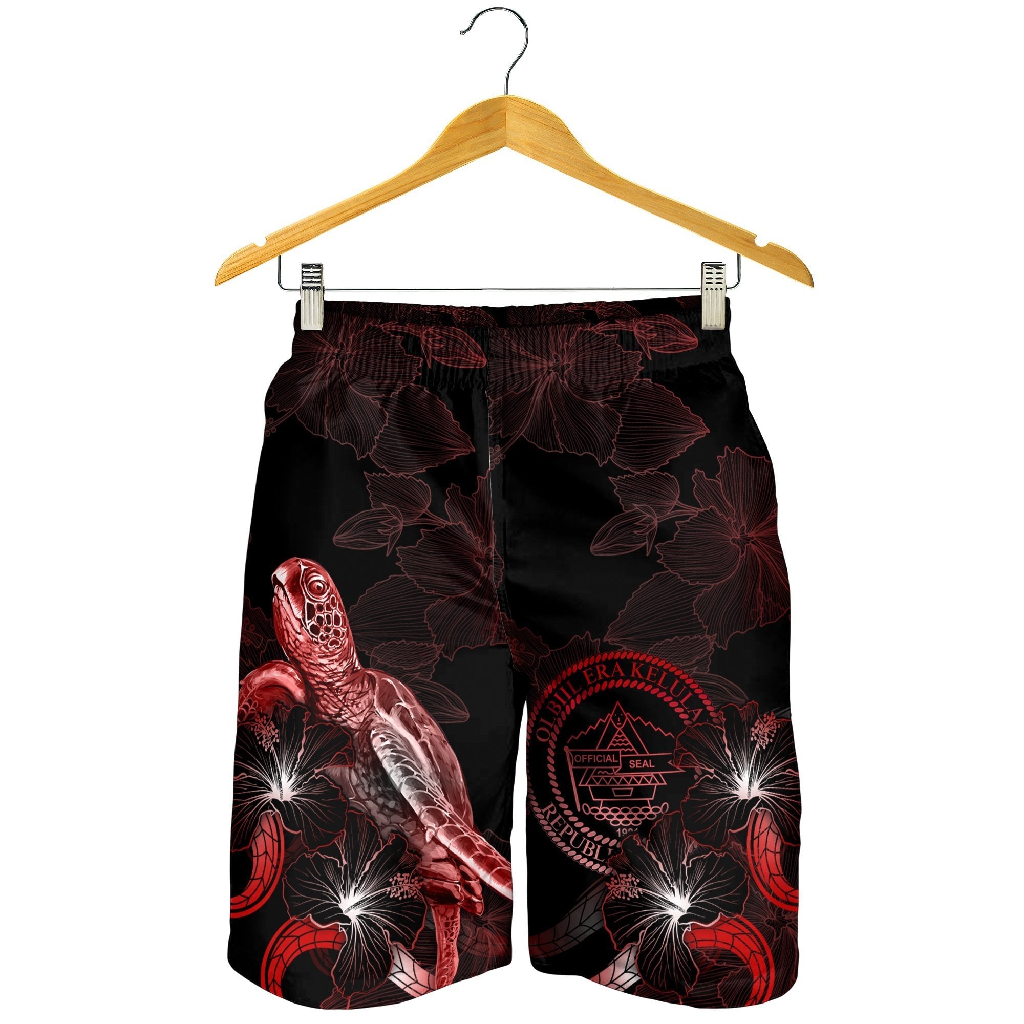 Palau Polynesian Men's Shorts - Turtle With Blooming Hibiscus Red - Vibe Hoodie Shop