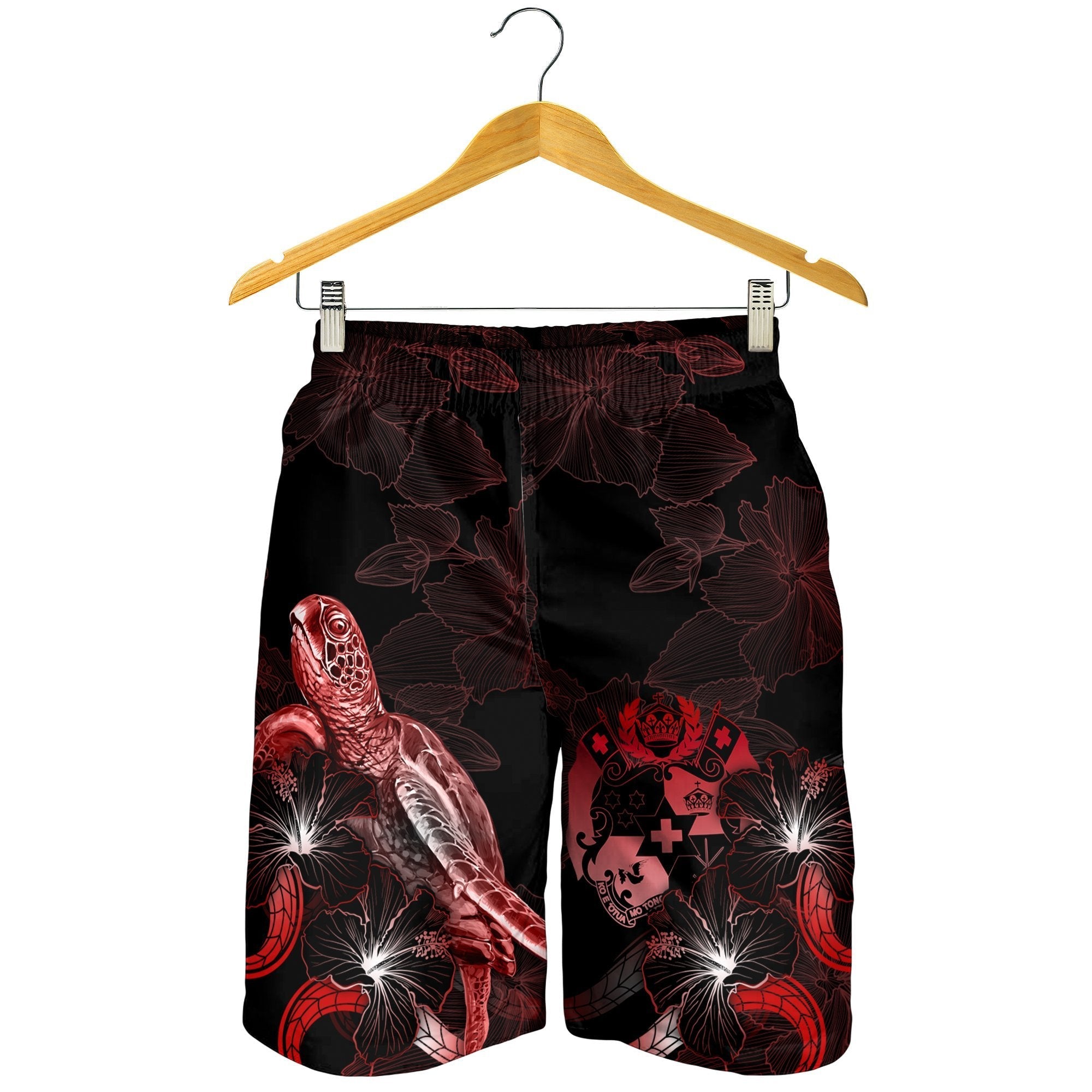 Tonga Polynesian Men's Shorts - Turtle With Blooming Hibiscus Red - Vibe Hoodie Shop