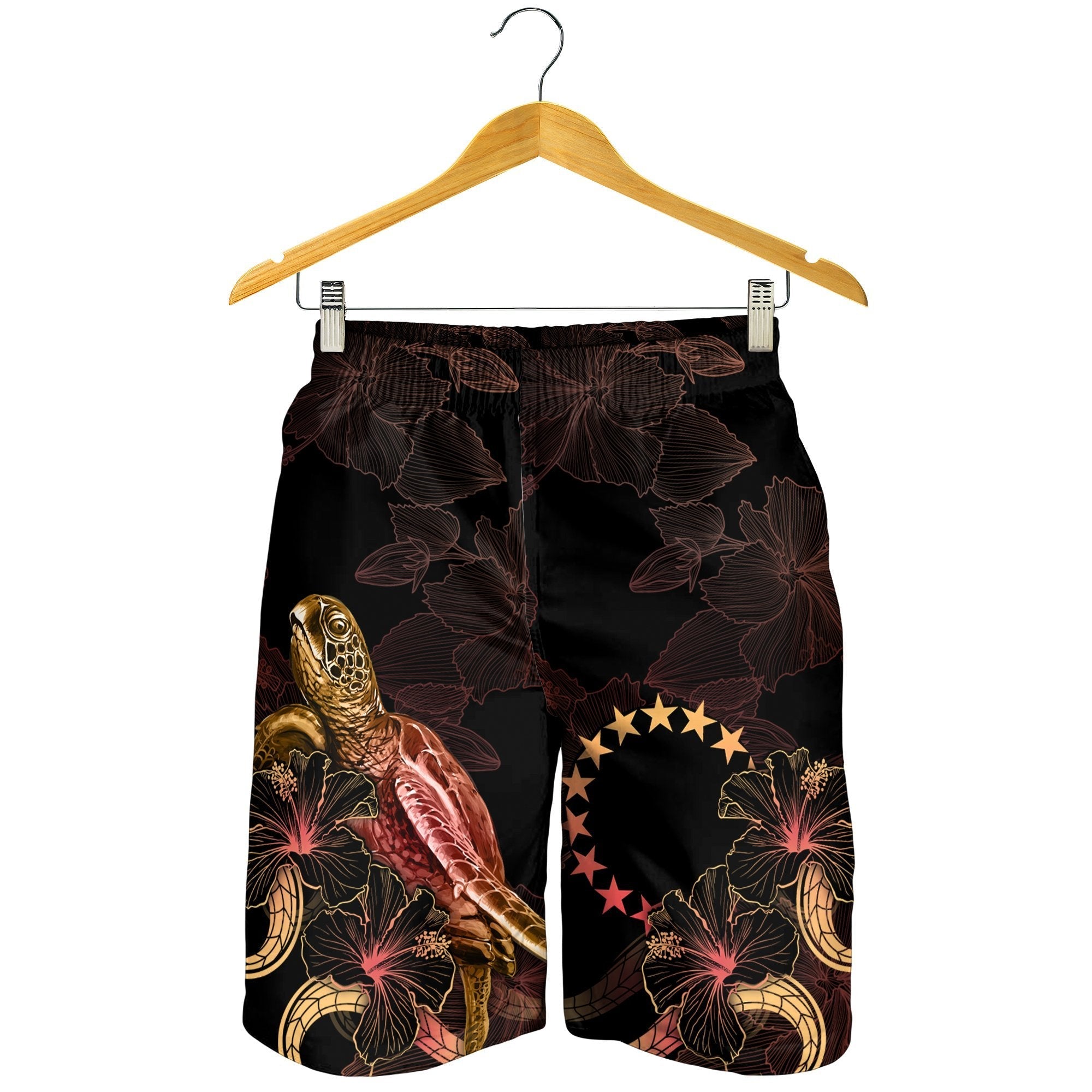 Cook Islands Polynesian Men's Shorts - Turtle With Blooming Hibiscus Gold - Vibe Hoodie Shop