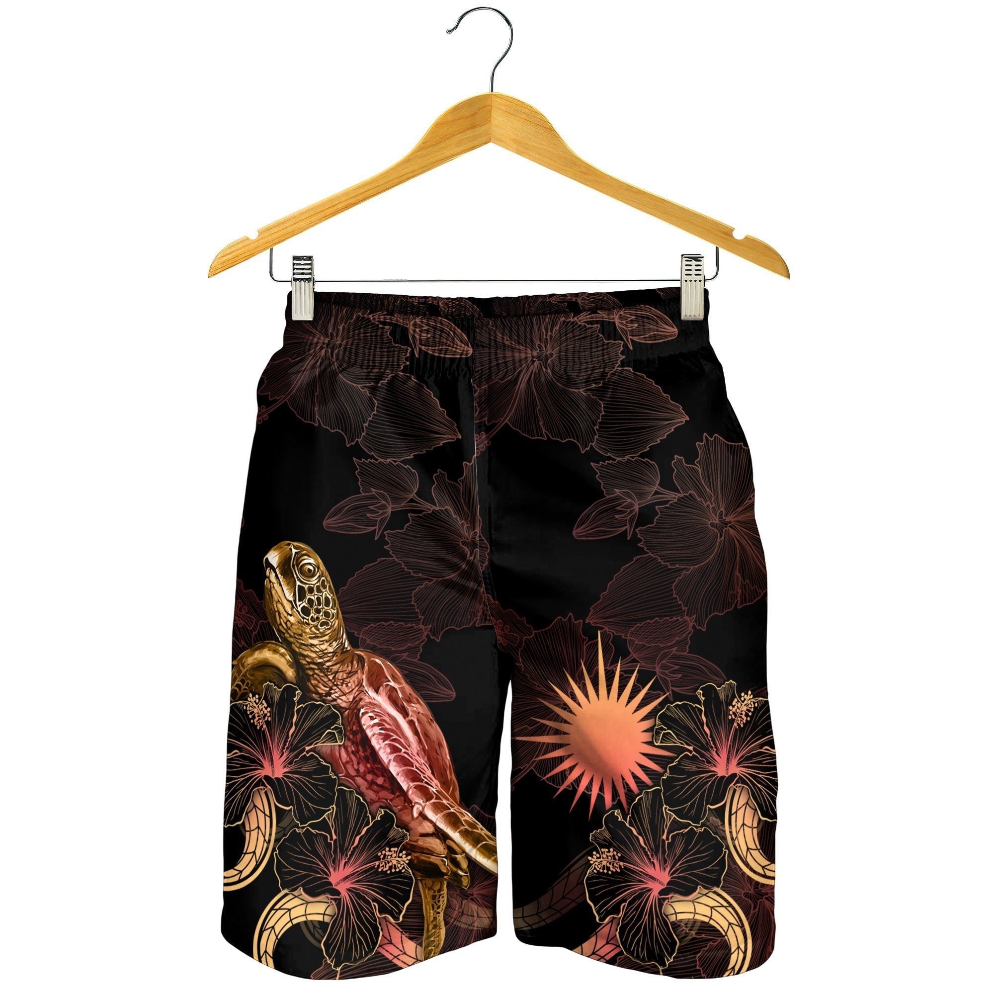 Marshall Islands Polynesian Men's Shorts - Turtle With Blooming Hibiscus Gold - Vibe Hoodie Shop