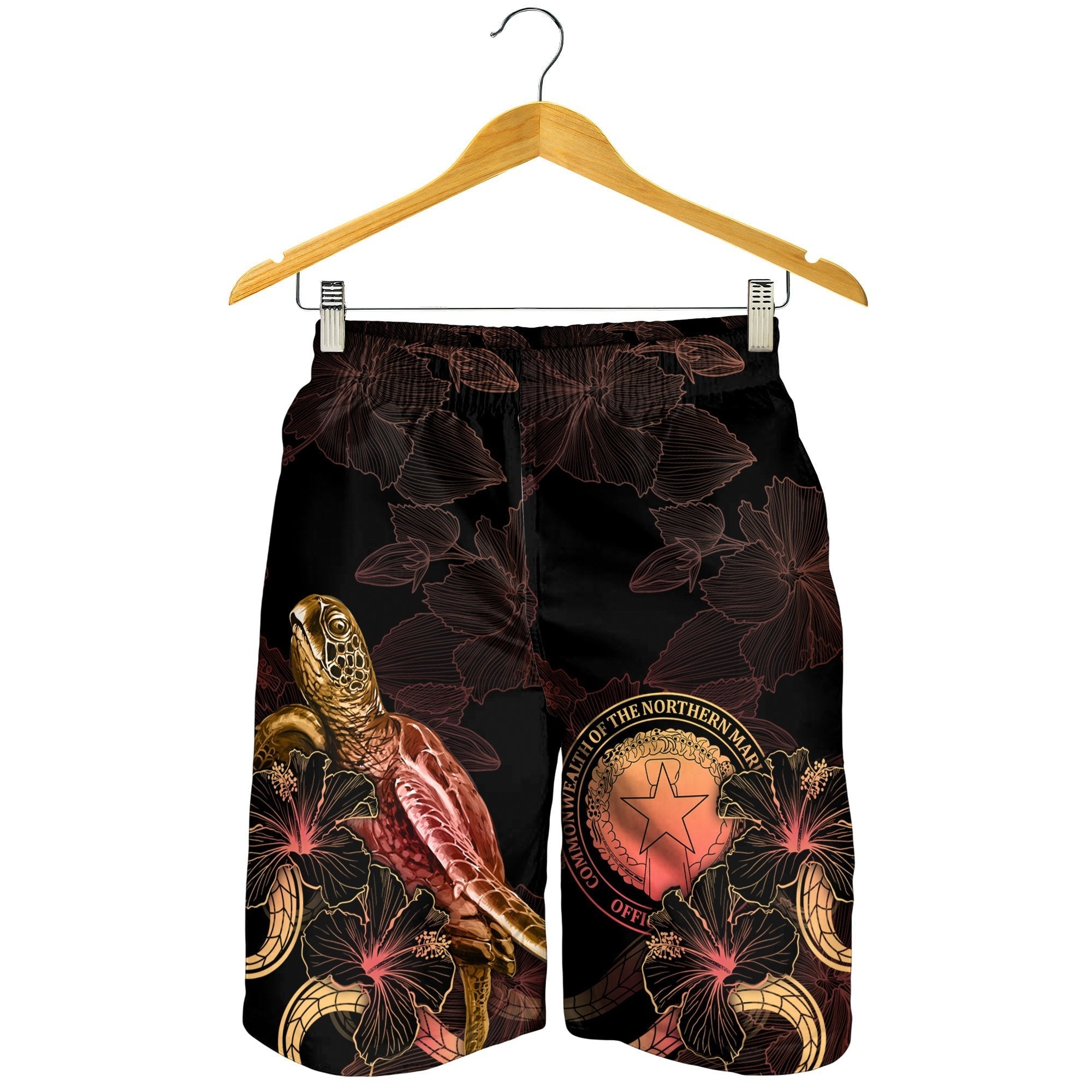 CNMI Polynesian Men's Shorts - Turtle With Blooming Hibiscus Gold - Vibe Hoodie Shop